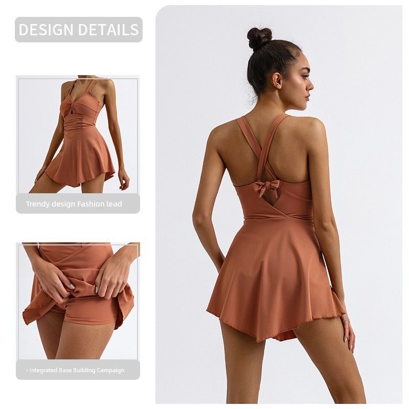 With Detachable Chest Pad Cross-Border Foreign Trade Exercise Workout Quick-Drying Beauty Back Dress with Leggings Tennis Skirt Beach Skirt