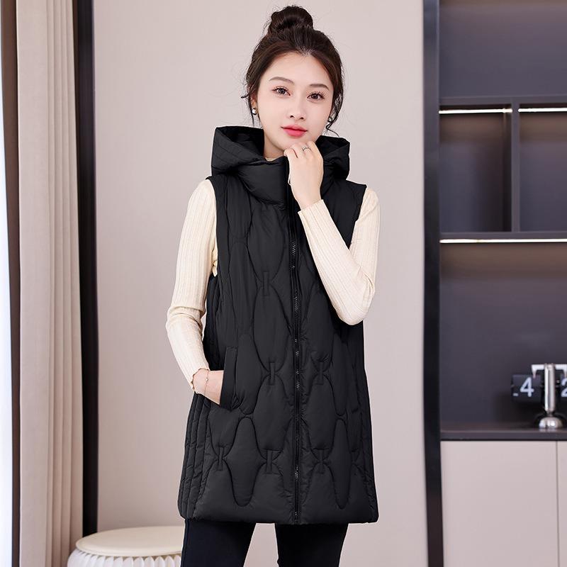 Autumn and Winter Down Cotton Vest Women's Rhombus Grid Medium and Long Loose Hooded Vest