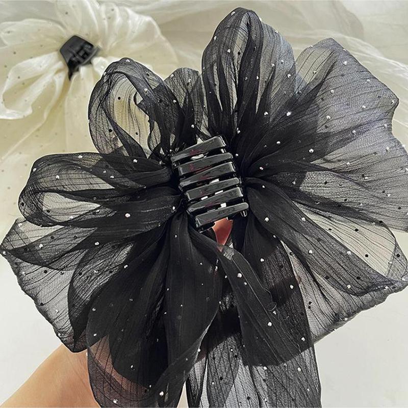 Korean Style Fashion Large Bow Ribbon Hair Claw Super Fairy Temperament Glitter Rhinestone Hair Clip Girl Sweet Hair Accessories