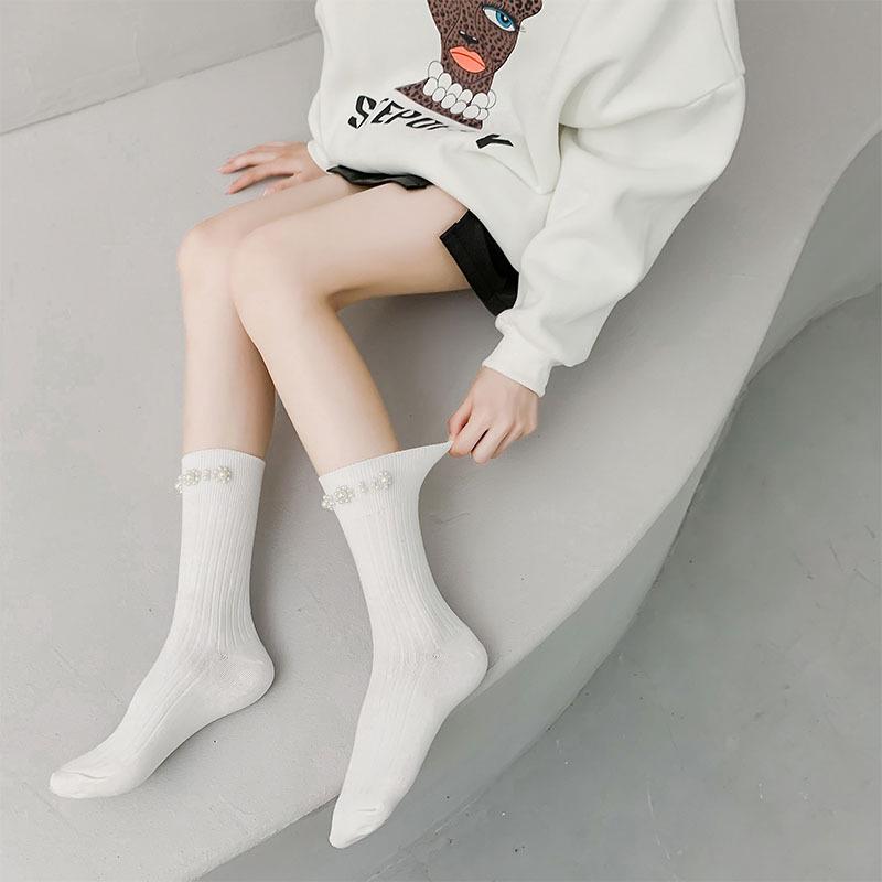 Women's Knee-High Sweet Preppy Socks with Pearl Decor - Spring/Autumn JK Style