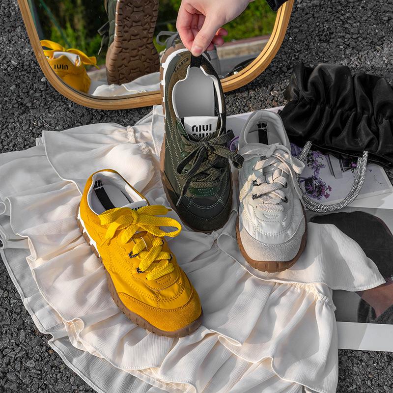 Miu leather casual sports shoes women's round head lace-up platform German training shoes 2025 non-slip versatile little white shoes board shoes