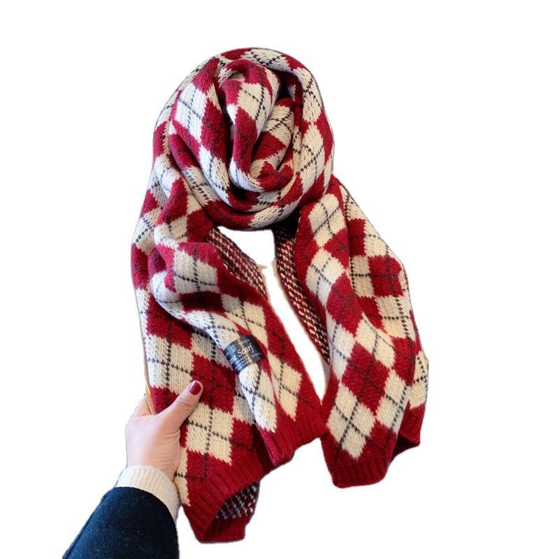 Rhombus plaid scarf women's winter versatile students autumn and winter thickened warm wool knitted scarf men