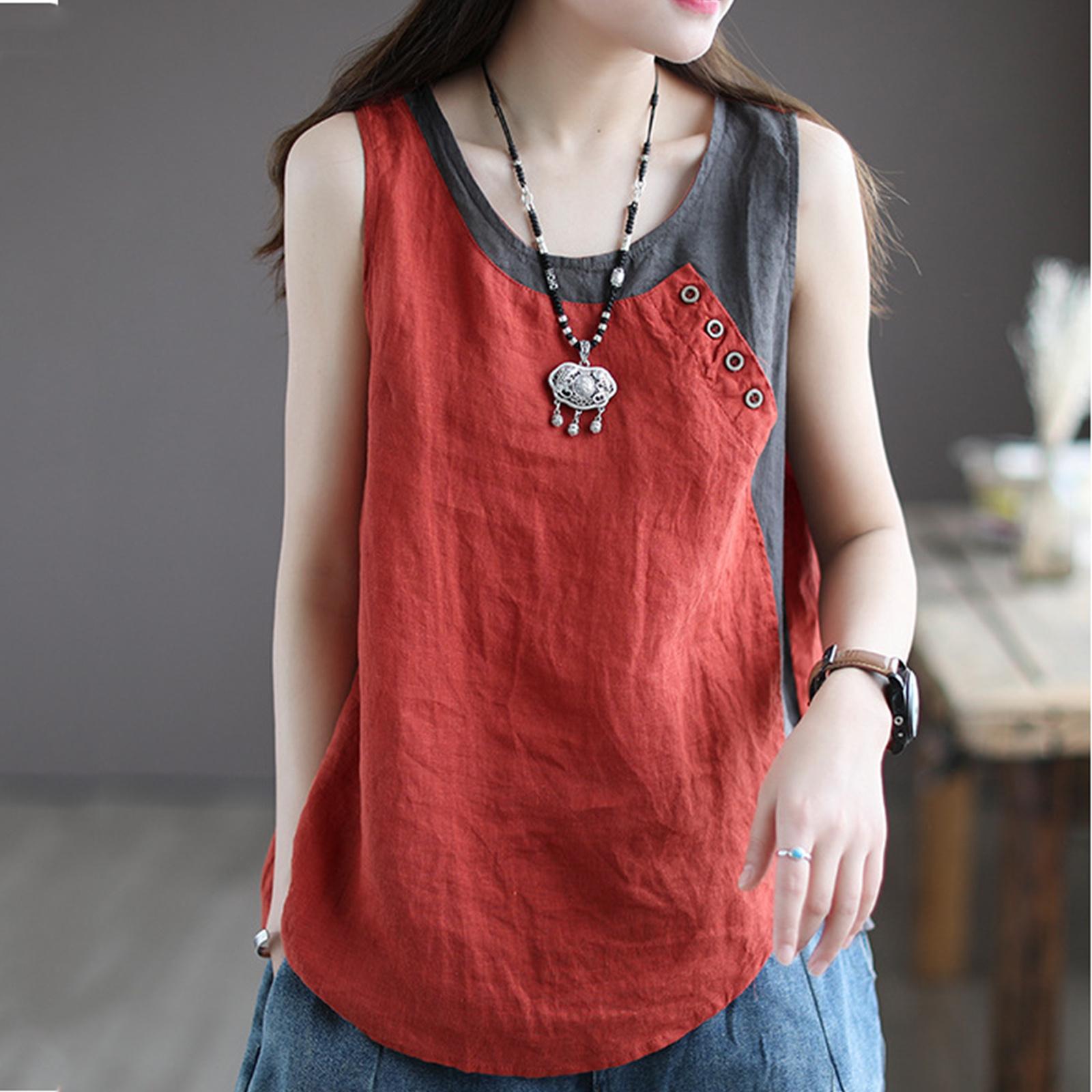 Women s Vintage Oversized Cotton Linen Blend Asymmetric Button Decorated Patchwork Sleeveless Tank Top L