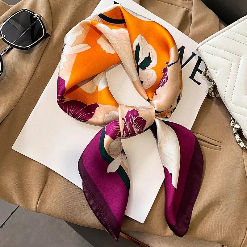 Flower Fashion Decoration Neckerchief SpringSummer Square Scarf For Women Soft Satin Printed Travel Headband