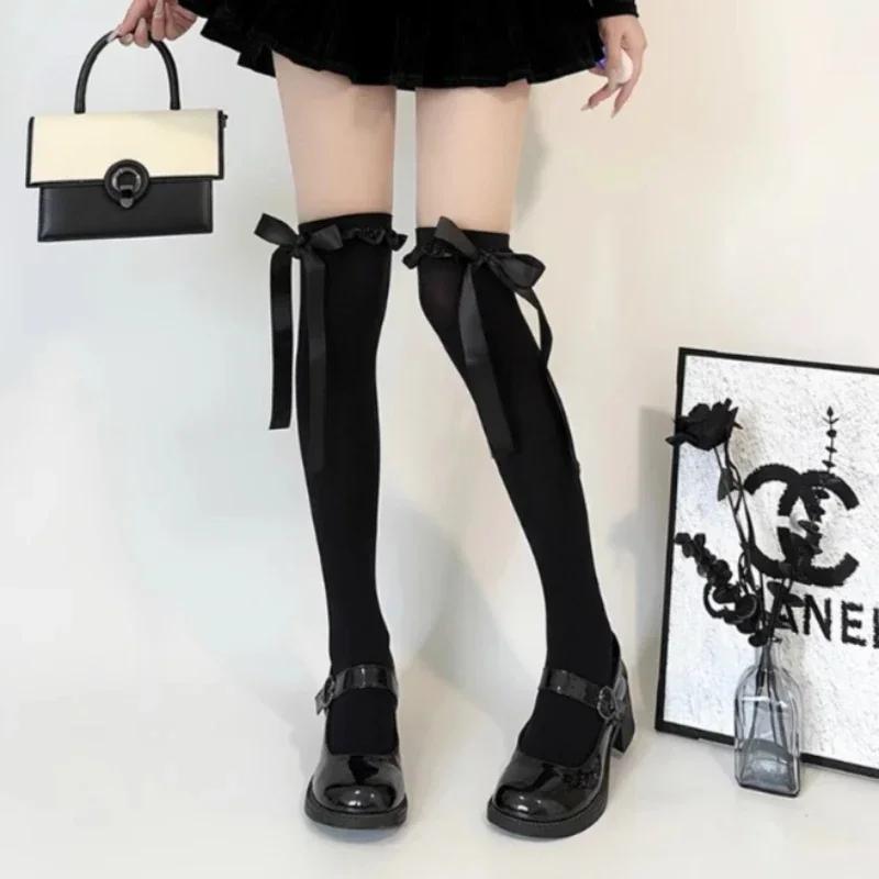 Women'S Delicate Bow Velvet Thigh High Stockings Spring Summer Soft Lolita Lace-Trimmed Bow Ribbon Jk Thin Over-The-Knee Socks