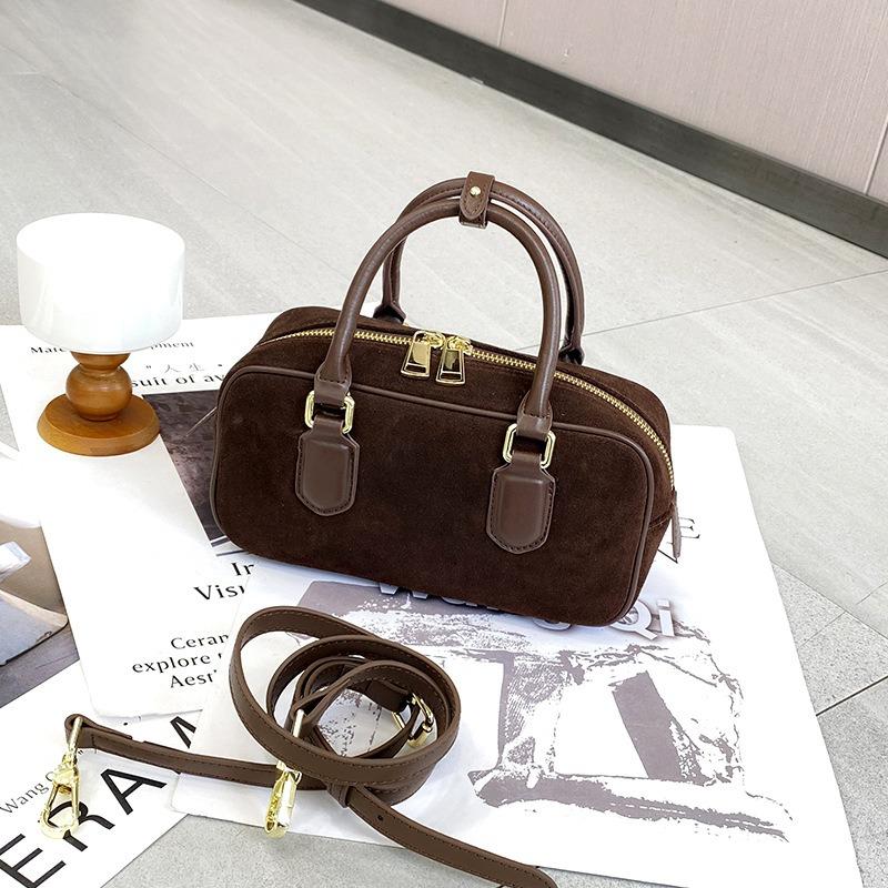 Autumn New Versatile Simple Bowling Leather Matte Leather Suede Shoulder Messenger Women's Bag Retro Handbag