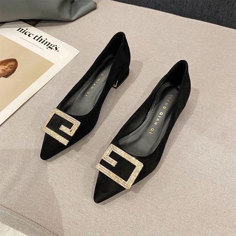 2025 spring and autumn new pointed tip shallow mouth single shoes women's season thick heel rhinestone metal buckle versatile soft leather flat 