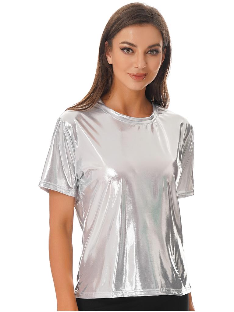 Dámské metalické párty tričko s lesklým krátkým rukávem, kulatým výstřihem a reflexním topem pro taneční večírky a festivaly
