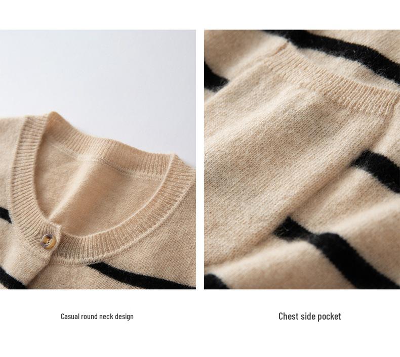 Women's 100% Pure Cashmere Striped Cardigan with Pockets and Buttons, Round Neck Sweater Outerwear