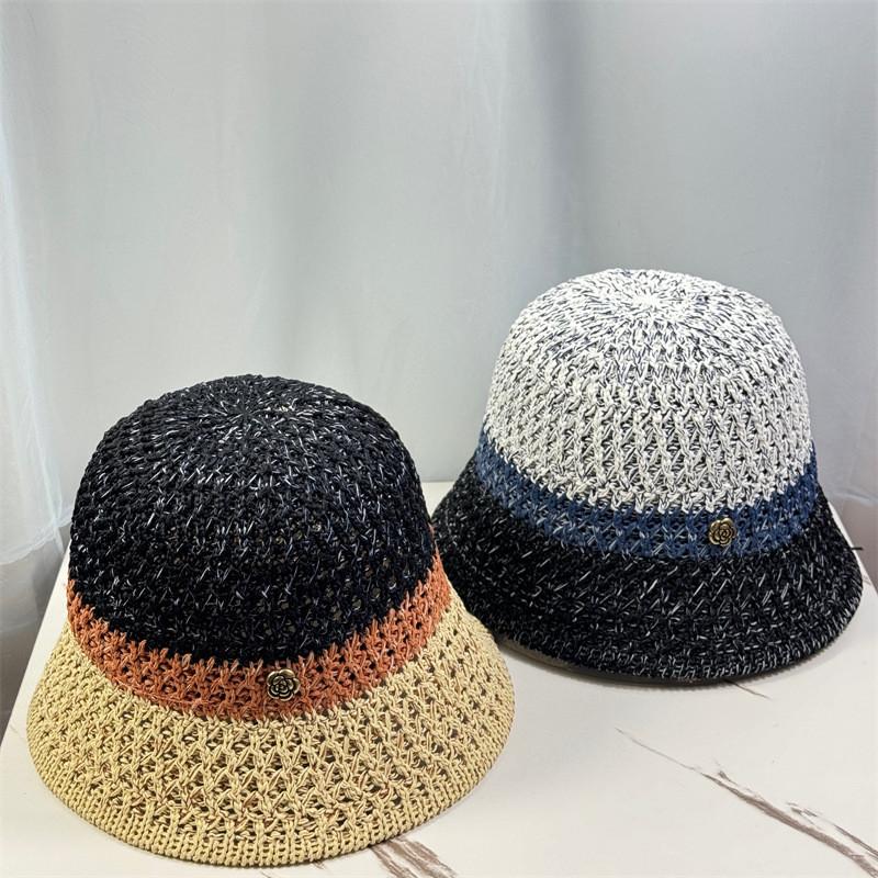 Vintage Color Block Knit Cotton Linen Fisherman Hat For Women Spring Summer Bucket Hat Sunscreen Chapeau Retro