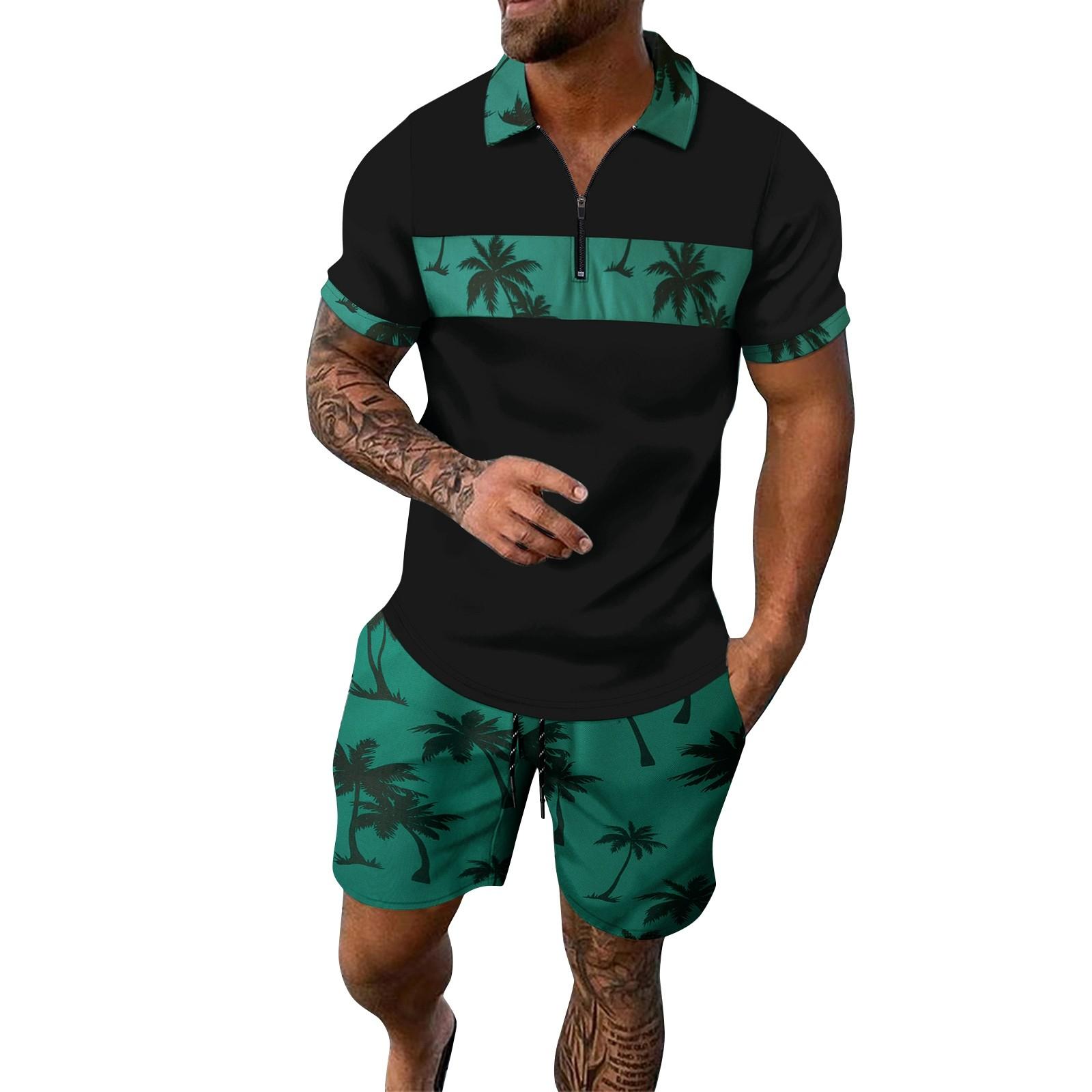 

Мужской летний гавайский принтованный костюм с коротким рукавом и застежкой-молнией и лацканами, повседневный спортивный костюм для мужчин XXL зелёный