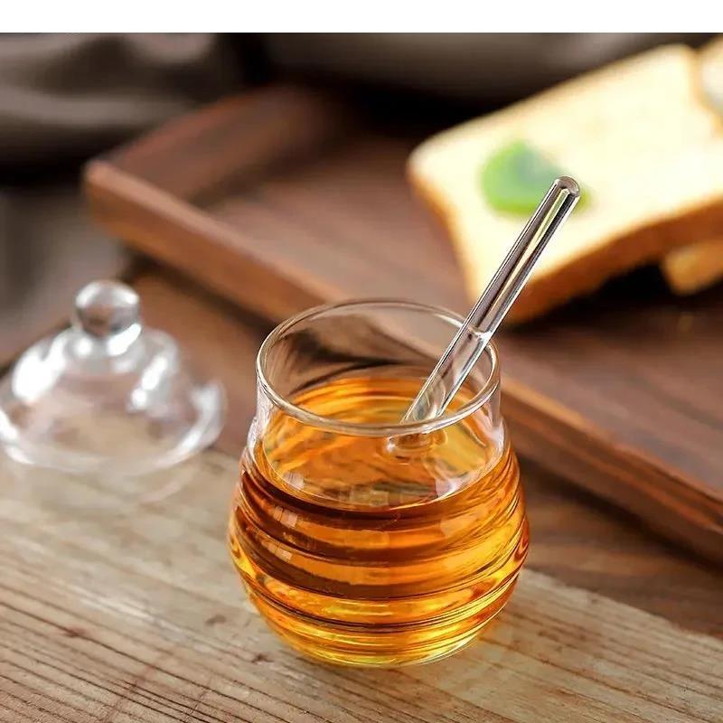 Glass Honey Jar with Lid Transparent Jam Striped Bottle Home Kitchen Storage Container Mixing Rod