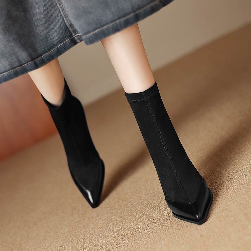 Krazing Pot Flock Autumn Winter Shoes Stiletto Thin High Heels Big Size 40 Modern Boots Pointed Toe Keep Warm Zip Ankle Boots