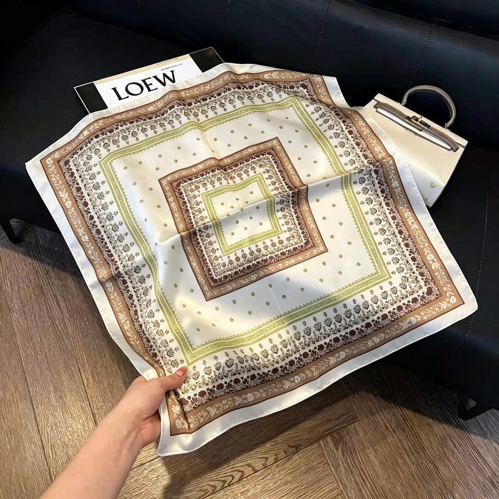 Sen green flower print fresh imitation silk scarf premium versatile square scarf neck protection scarf trendy headscarf scarf women
