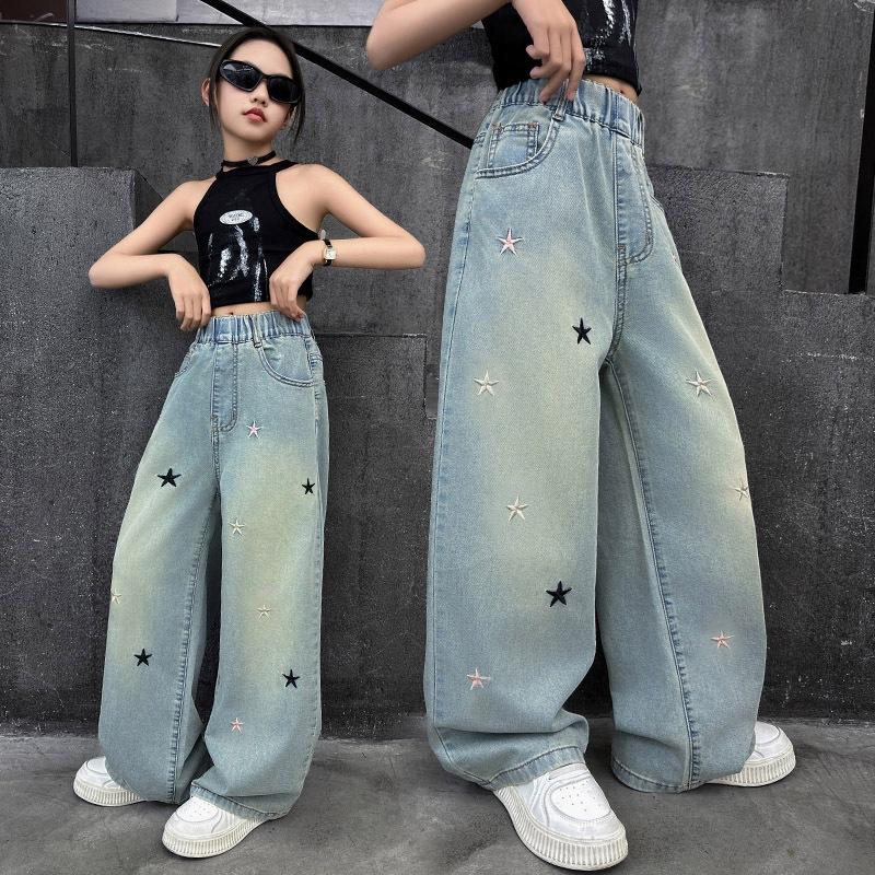 Spring Autumn Girls Jeans Embroidery Five-pointed Star Loose Pants For 3-12 Years Teen Girls Stylish Denim Wide Leg Pants