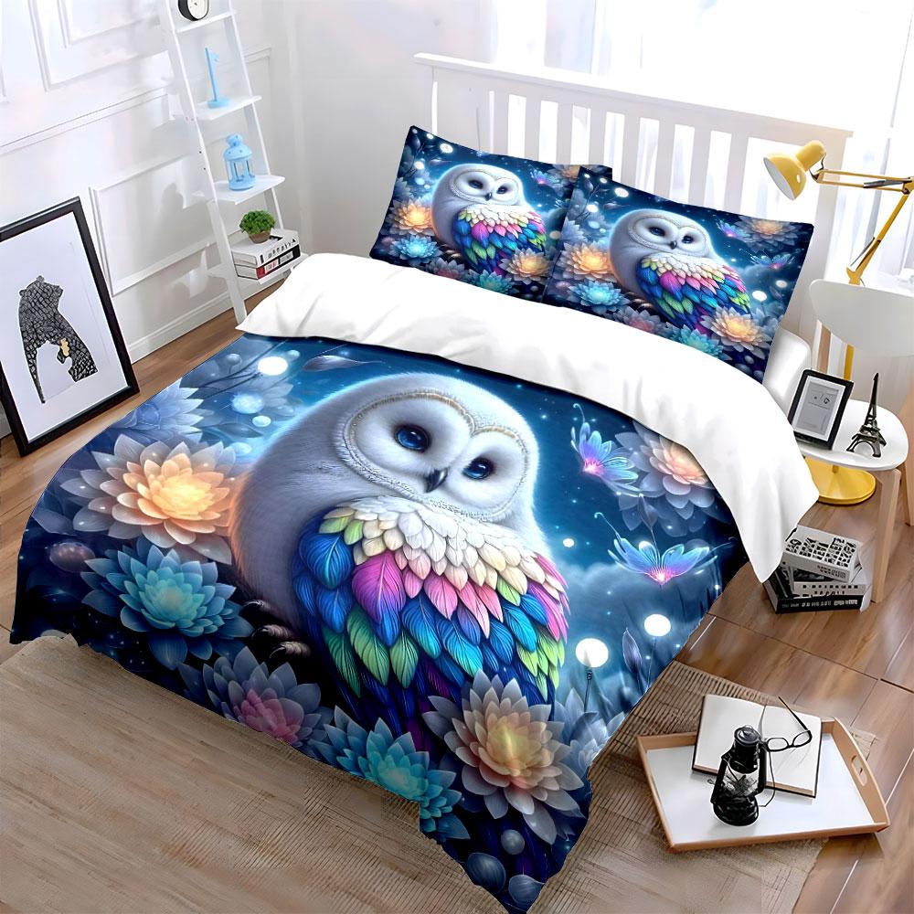 Colorful owl and flowers. Print Bedding Set 1 Duvet Cover 2 Pillowcases for Adult and Children Luxury Gift Full Size