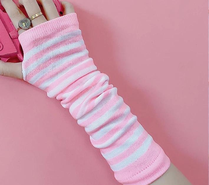 Punk Long Sleeves Fingerless Gloves Cuff for Women Men Stripe Hip-Hop Knitted Elbow Mittens Elastic Winter Arm Warmer Outdoor
