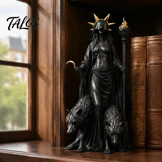 Kompakte gruselige Dekoration Hekate Griechische Göttin Statue mit magischen Hunden, Fantasy-Thema Okkultes Zimmerdekor Harzskulptur, Mythologische Figur für