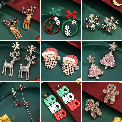 Personalized Jewelry Christmas Alloy Stud Earrings Christmas Hat Elk Point Diamond Christmas Tree Gingerbread Man Earrings