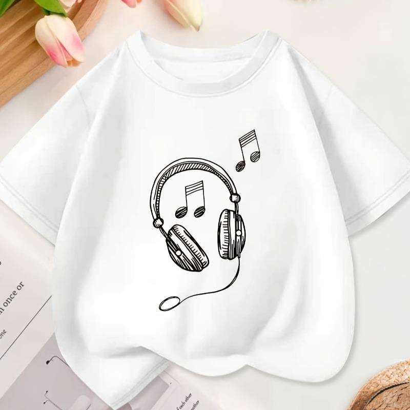 Kids Summer Crew Neck Short Sleeve T-Shirt with Sketch Headphones & Music Notes Print 110 белый