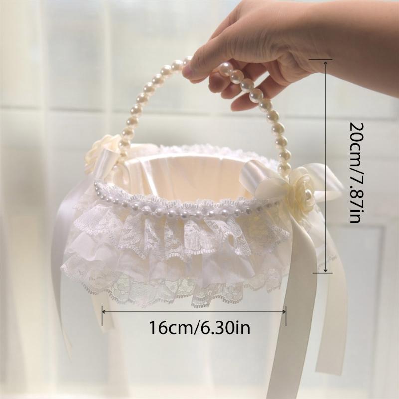 Lace Ruffle Wedding Baskets Bowknot Flower Baskets for Wedding Ceremony Wedding Flower Girl Basket with Pearls Handle