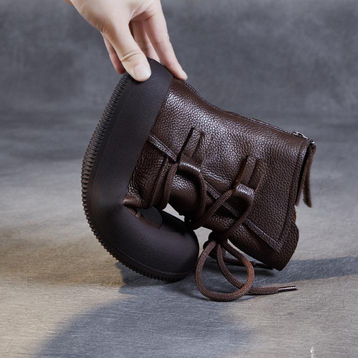 Johnature Handmade Vintage Mid-calf Boots Genuine Leather Women's Thick Soled Casual Versatile Short Boots
