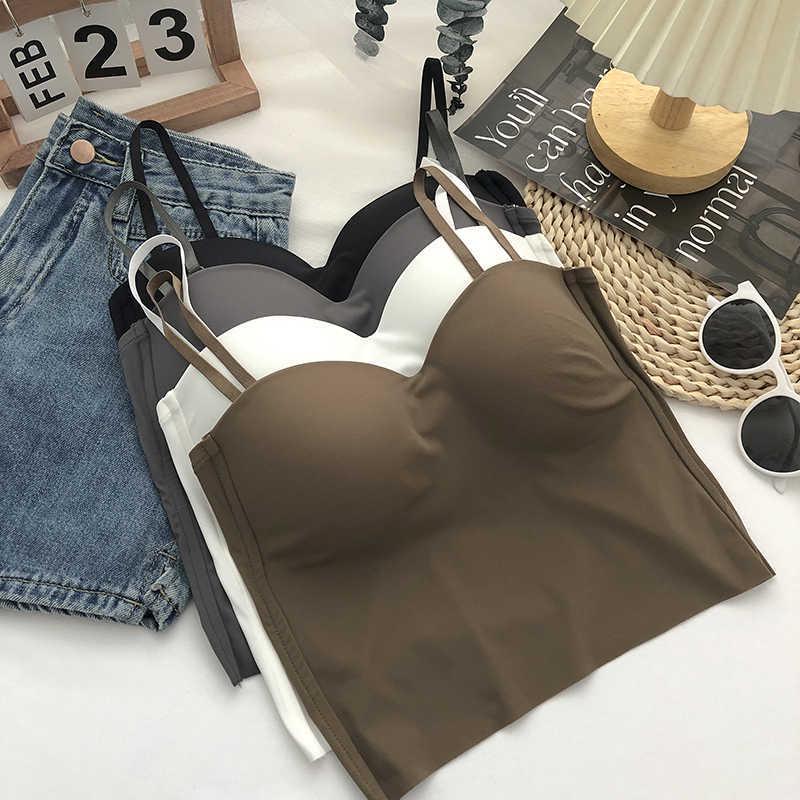 Ice Silk Camisole with Adjustable Straps and Fixed Cups for Women