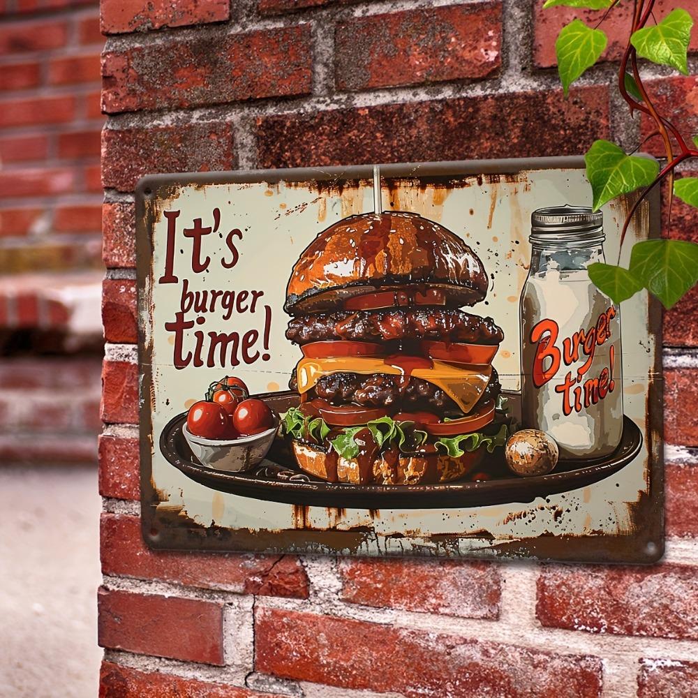"It's Burger Time!" Vintage Metal Tin Sign | 12"x8" Rustic Iron Decor | 2D Flat Wall Art for Home Bar, Kitchen, Cafe
