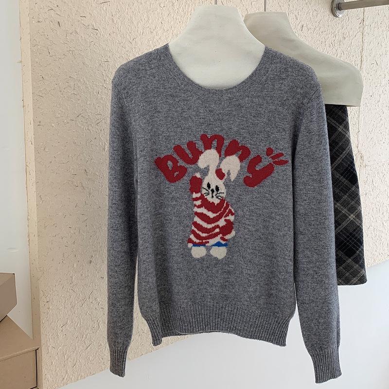 Women's Wool Round Neck Sweater with Cartoon Bunny Embroidery - Cute Style for Autumn/Winter