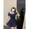Women's Retro Contrast Collar Polo Dress - Summer 2024 Edition, Pleated Short Waist with Swing Skirt