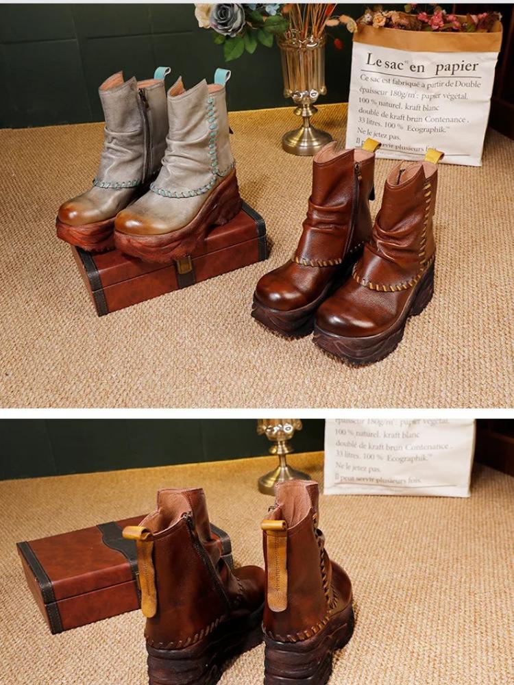 Johnature Women's Platform Shoes Genuine Leather Thick Soled Comfortable Versatile Retro Wedges Short Boots