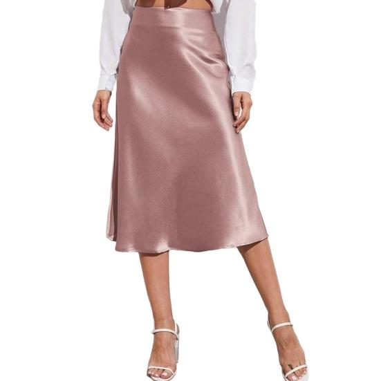 Women Midi Skirt High Waist Satin-Like Shiny Skirt Solid Color