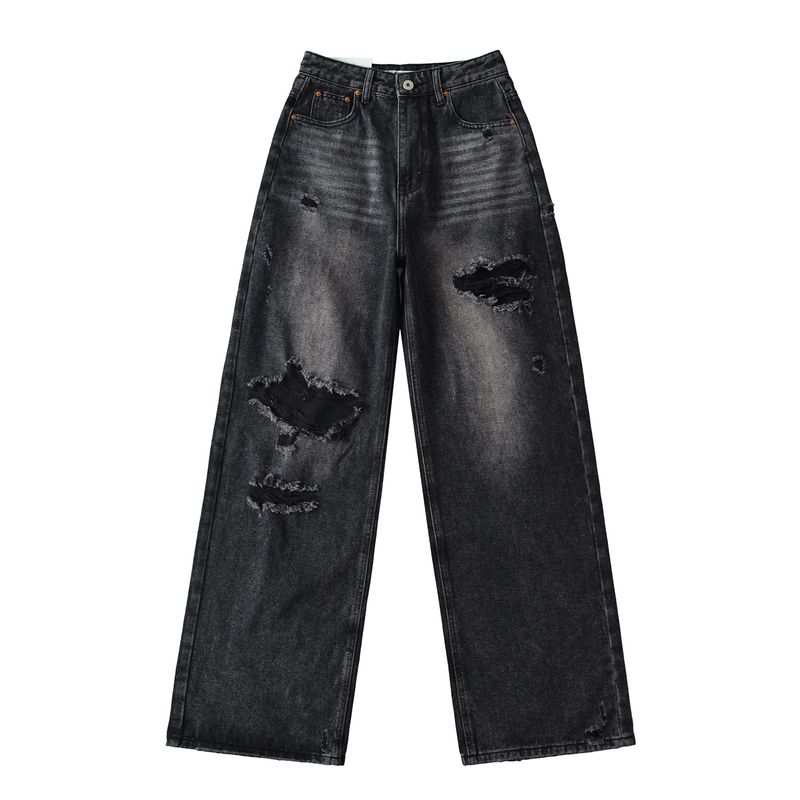 Spring and Summer New Women's Clothing Ins Casual All-Matching Fashion High Waist Loose Hole Wide Leg Mop Denim Pants