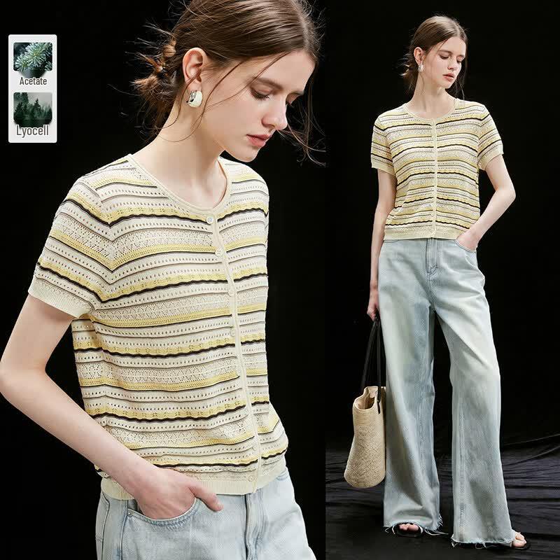 Women s Tencel Acetate Blend Striped Loose T-Shirt L