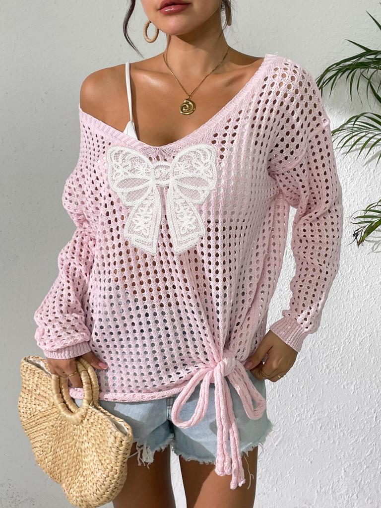 Women's Loose-Fit Knitted Sweater with Butterfly Tie-Up and Hollow-Out Sleeves