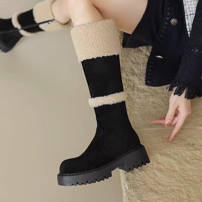 Damen Pelz Plateau Kniehohe Stiefel Klobige Schuhe Winter 2025 Trend Neue Kurze Plüsch Sneaker Mode Gladiator Warme Schnee Botas Mujer