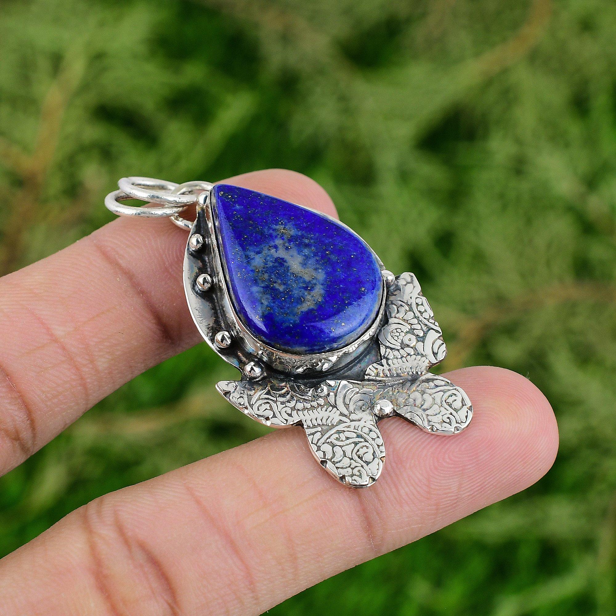 

Daughters Day Deal Pear Natural Lapis Lazuli Sister Bezel New Pendant 925 Silver