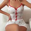 Ensemble pyjama camisole à imprimé cœur et nœud - Ensemble deux pièces confortable en côtes pour la détente