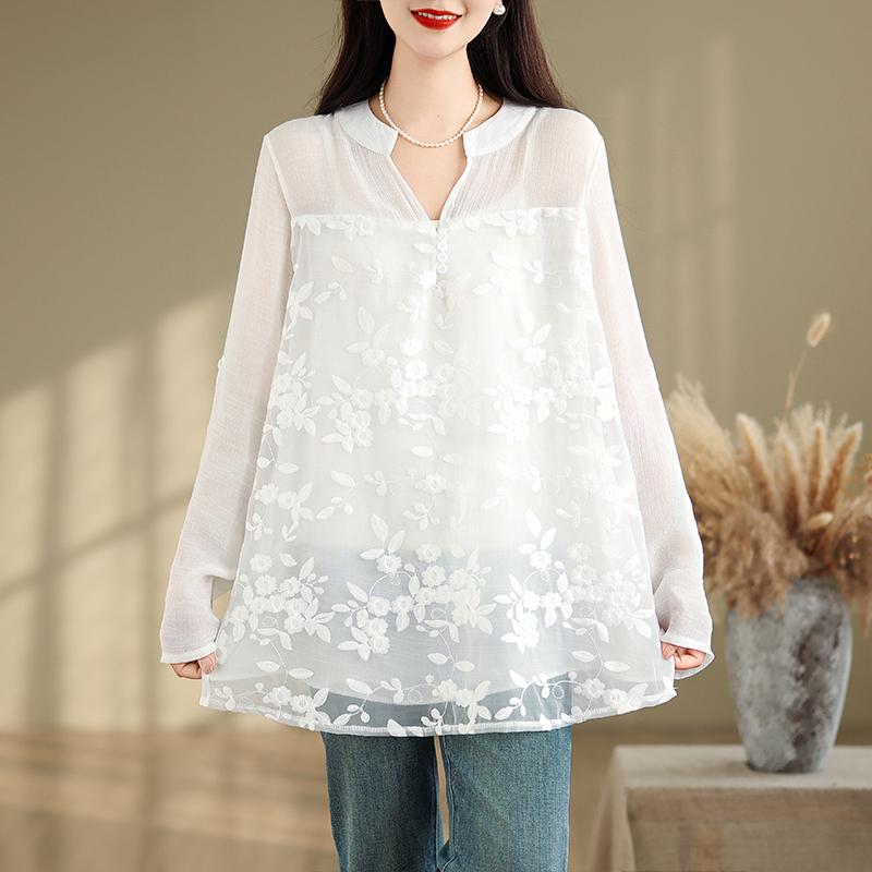 DIMANAF 2025 Summer Plus Size Short Sleeve Lace T-Shirt Floral Women Solid Loose White Tops Tees