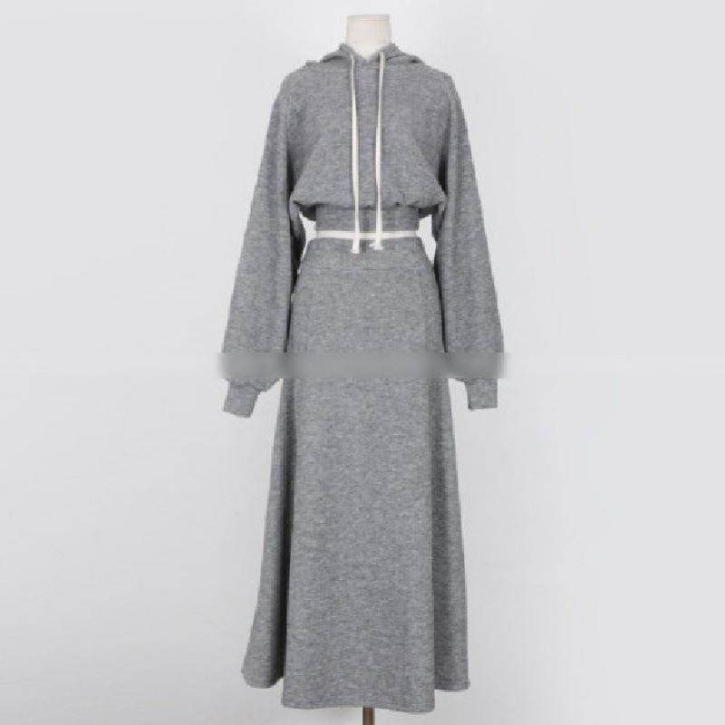 Autumn and Winter Style Loose Long-sleeved Hooded Sweatshirt High-waisted Long Skirt Two-piece Set