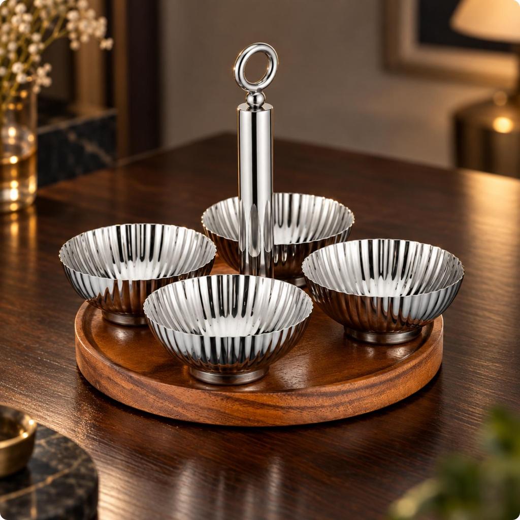 4 Pieces Stainless Steel Snack Bowl with Wooden Tray Reflective Polished Serving