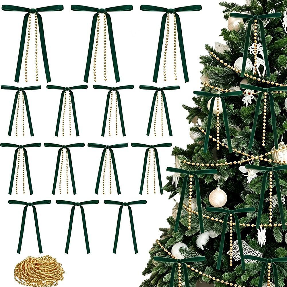 10Pcs Velvet Ribbon Bow Christmas Tree Decoration Vintage Rustic Pearl Bead Garland Home Decoration