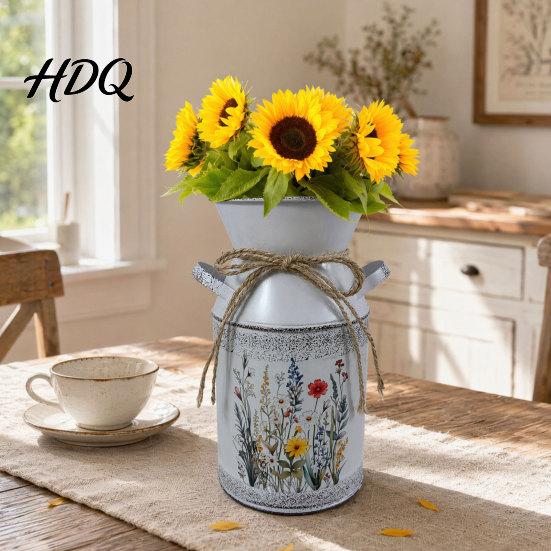 Rose Display Bucket Vintage Iron Flower Bucket Rustic White Double-Handle Metal Vase
