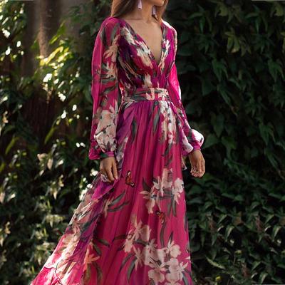 Women Fashion Bohemian Floral Printed V Neck Long Sleeve Pleated  Chiffon Dress