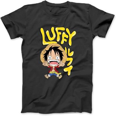 Anime Luffy Chibi with Bubble Letters T-Shirt, Sweatshirt, Hoodie for Men Women Kids Made In Canada Black