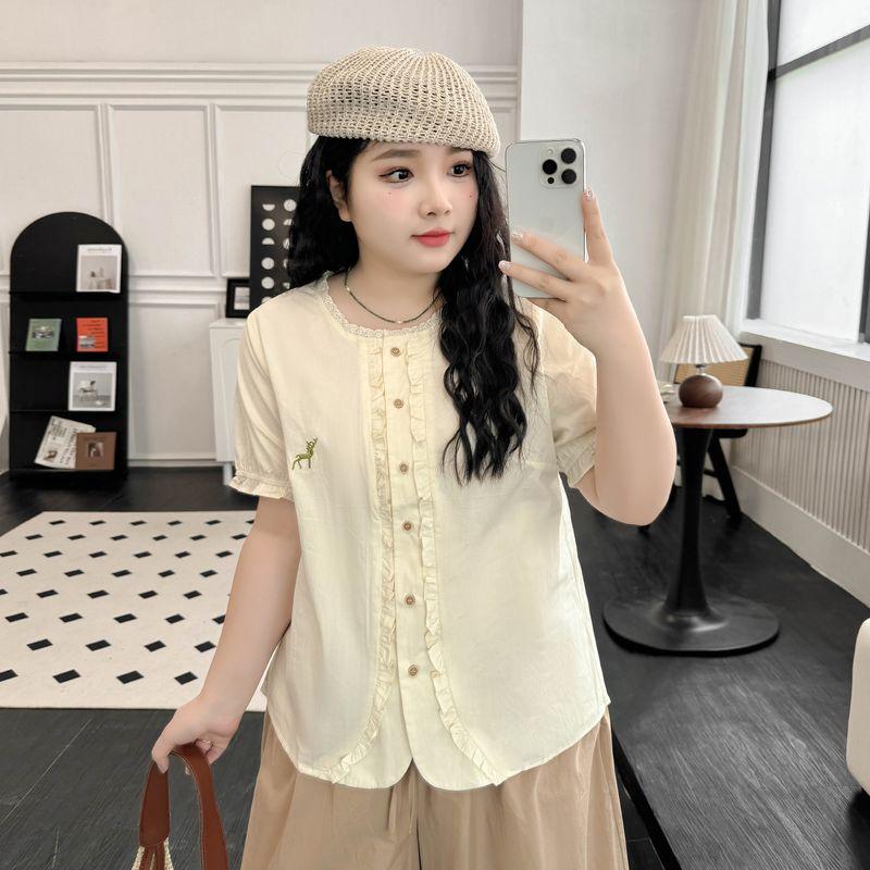 

Limited Edition Plus Size Women s Clothing [Romantic Summer] French Style Wooden Ear Deer Embroider Shirt Plus Size Ladies Sweet Top Apricot-Shirt 8xl