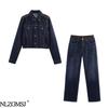 Spring 2026 European & American Style Denim Leather Effect Jacket and Trousers Set