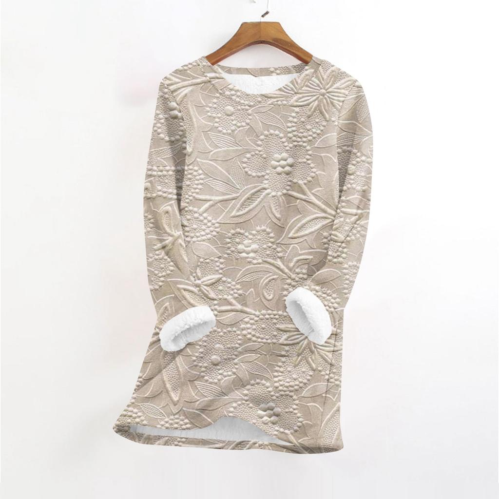 Women's Fashionable Printed Round Neck Long Sleeved Plush Warm Pullover Top