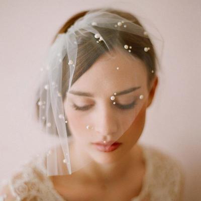 V002 Soft Mesh Hand-Sewn Bridal Veil with Half-Pearl Embellishments