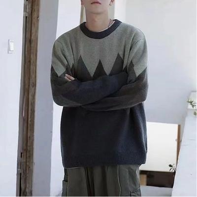New Men's Thick Printed Round Neck Pullover Sweater Autumn Winter Casual Loose Color-blocking Lazy Style Top